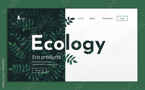 Landing page template with green trendy exotic leaves and creepers on dark blue background. Ecological botanical design vector illustration concept for website development. 