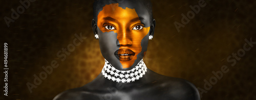 an africa symbol image on the beautiful african face of a young woman photo