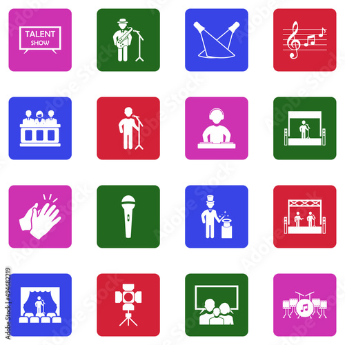 Talent Show Icons. White Flat Design In Square. Vector Illustration.
