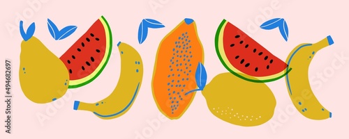 Fruits and berries abstract illustration. Hand drawing poster. Funny colored typography poster, apparel print design, bar menu decoration. Tropical Fruits and berries still life. 