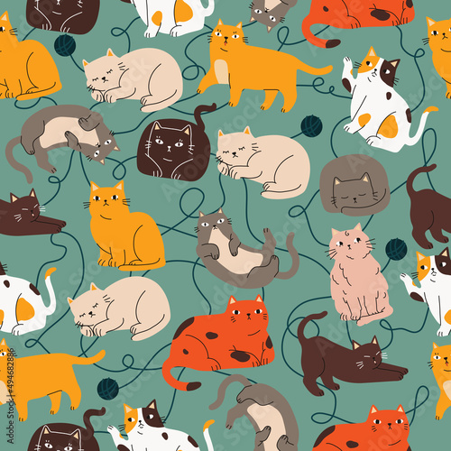 Seamless cartoon colorful hand drawn cat pattern for fabric textile or wrapping paper. Cute cartoon vector illustration for children 
