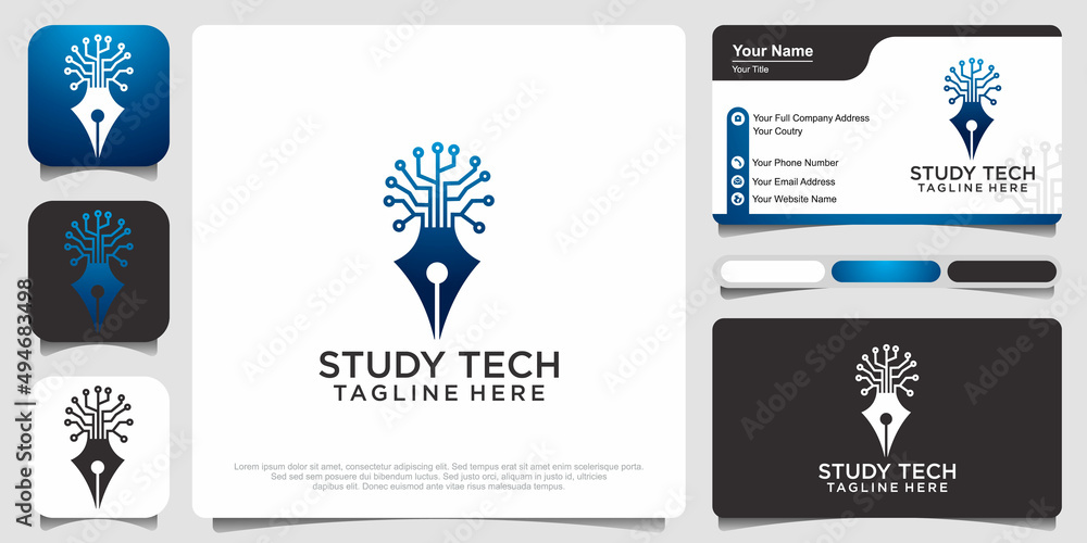 Creative pencil tech with liner style. Modern gradient logo design and business card.