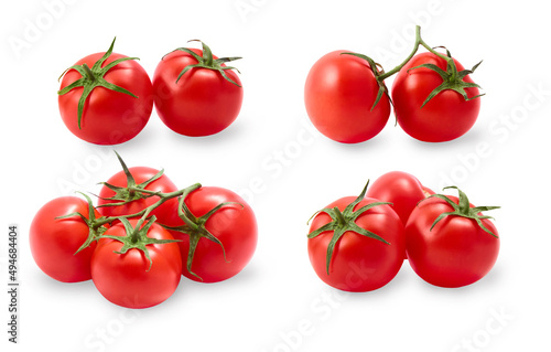 Fresh ripe tomatoes isolated on white background. Bunch of tomatoes cut out.