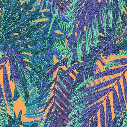 Neon very peri tropics. Seamless bright trendy stylish exotic patterns for fabric design, wallpaper, print surface, graphic design, typography. Violet plants and leaves with vibrant neon colors