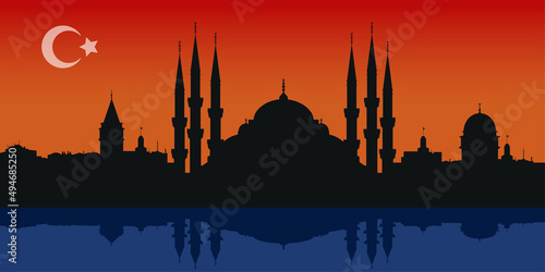 Istanbul silhouette on sunset background composition