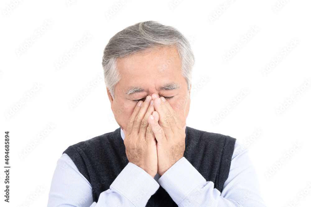 unhappy adult senior old man depression problem with copy space for your promotional or text isolated on white background. unhappy adult senior old man depression problem with copy space for your promotional or text isolated on white background.