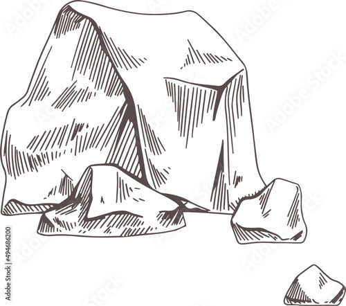 Boulder and Stone Fragments Monochrome Hand Drawn Illustration