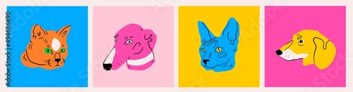 Close-up portraits of Cats and Dogs. Abstract colors. Cartoon style. Home pet, animal care concept. Hand drawn modern isolated Vector illustrations. Square Logo, icon, avatar templates