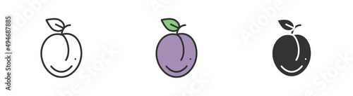 Simple minimalism plum in three variations. Outline, colorful and glyph vector flat illustration