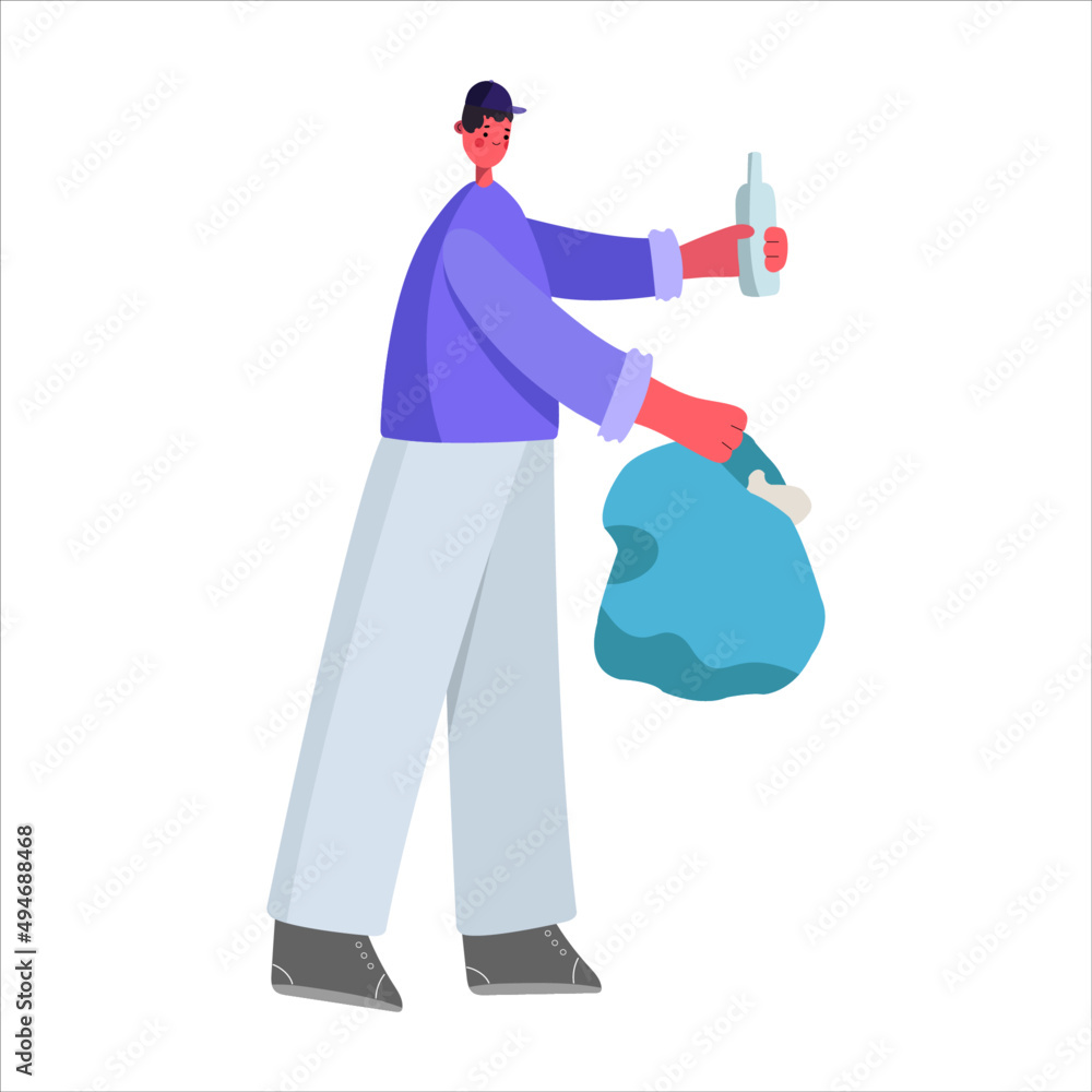 A young volunteer guy throws a bottle into a bag. A young volunteer guy throws a bottle into a bag.