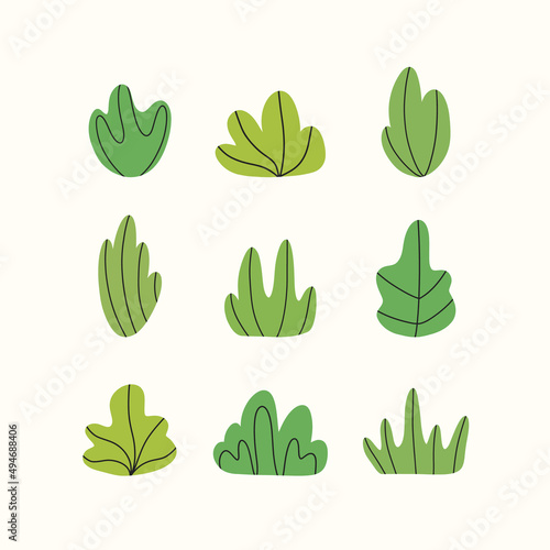 Collection of various hand drawn cartoon bushes. Vector  illustration.	