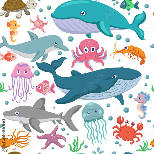 Marine life, pattern, sea animals and fish, various poses and situations, drawing, vector, images, cartoon