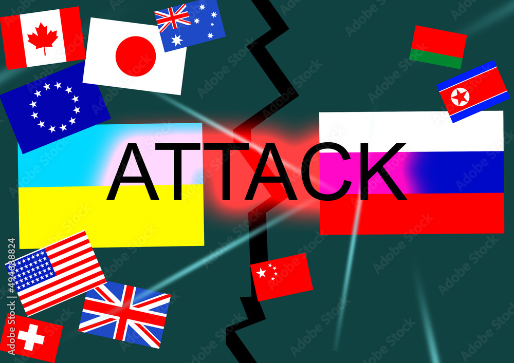 Obraz premium Ukrainian and Russian flag on a tablet and inscription attack. The concept of news in Ukraine and Russia.