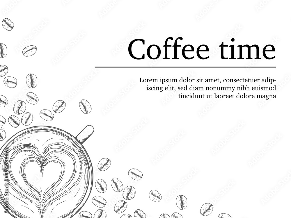 Latte art and coffee beans - coffee shop banner template. Vector illustration