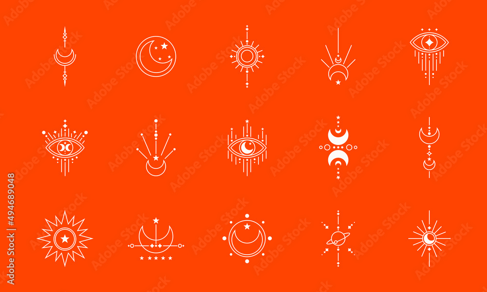 set of witch and magic collection. boho symbols in tarot card design style. mystical and fantasy in monoline vector illustration set of witch and magic collection. boho symbols in tarot card design style. mystical and fantasy in monoline vector illustration