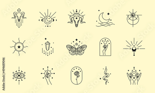 set of witch and magic collection. boho symbols in tarot card design style. mystical and fantasy in monoline vector illustration