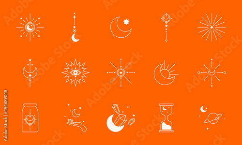 set of witch and magic collection. boho symbols in tarot card design style. mystical and fantasy in monoline vector illustration