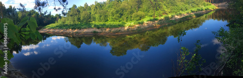 photo background view of the reserved forest river in the Mari pine taiga, in the Volga region, Russia