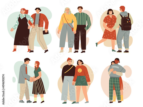 Set of cute couples walking together, holding hands and hugging  Hand drawn vector colorful funny cartoon style illustration. 