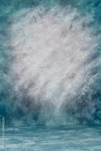 Painted cloth studio backdrop or background, suitable for use with portraits, products and page layouts. Beautiful broad strokes in pale aquas and blues.