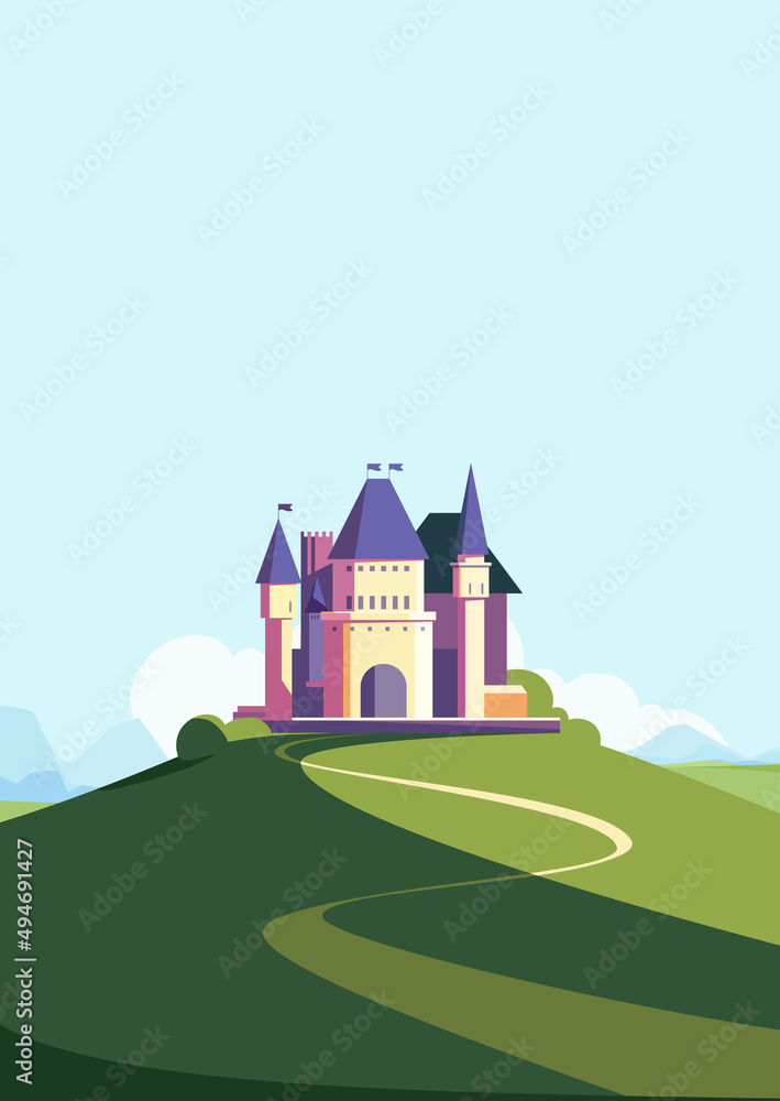 Castle on the hill in summer season. Landscape with medieval building in portrait format.