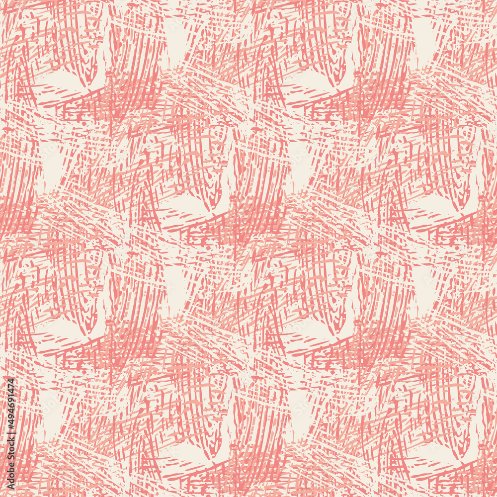 Obraz premium Scratch painting style seamless vector texture pattern background. Pink white backdrop with painterly brushstrokes creating a weave effect. Canvas scratched textural design. Etched scribble repeat