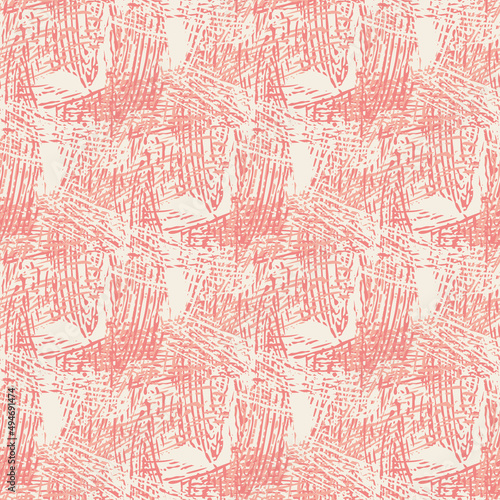 Scratch painting style seamless vector texture pattern background. Pink white backdrop with painterly brushstrokes creating a weave effect. Canvas scratched textural design. Etched scribble repeat