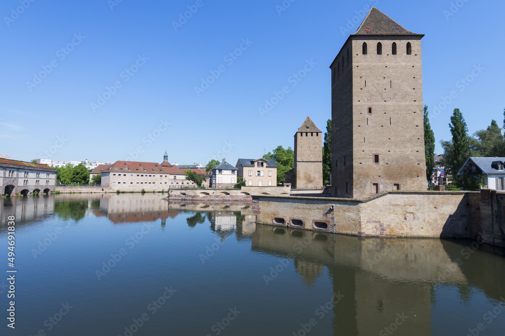 Strasbourg, France - May 22, 2017: .Covered bridge and Vauban dam over ILL Canal, Strasbourg, Alsace, Bas-Rhin Department, France
