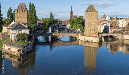 Strasbourg, France - May 21, 2017: .Covered bridge over ILL Canal, Strasbourg, Alsace, Bas-Rhin Department, France
