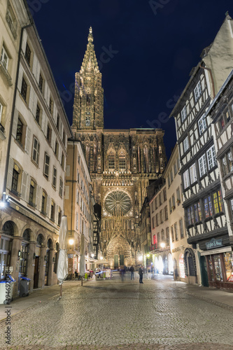 Strasbourg, France -  May 22, 2017: Cathedral Notre-Dame at night, Strasbourg, Alsace, Bas-Rhin Department, France
