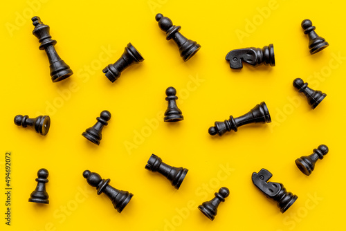 Chess pieces pattern top view. Chess game as success concept