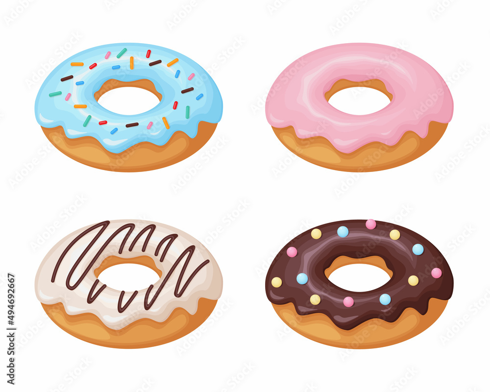 Donut. A collection of donuts decorated with various glazes and sprinkles. Sweet dessert, vector illustration isolated on a white background Donut. A collection of donuts decorated with various glazes and sprinkles. Sweet dessert, vector illustration isolated on a white background