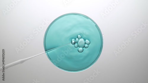 Top view macro shot of air bubbles comes out from a lab dropper inside petri dish with cyan liquid on light grey background | Abstract cosmetics formulating concept