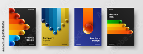 Vivid realistic spheres corporate brochure illustration collection. Premium magazine cover A4 design vector concept bundle.