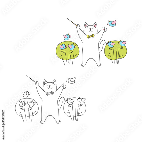 Coloring page with cute cat in spring. Illustration of a choir director cat with birds are singing. Vector 10 EPS.