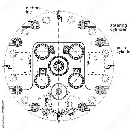Machine internal cross-section, tunnel boring head, tunnel boring head drawings and machine internal parts, machine internal drive system, industrial operation technology, main drive injection line.