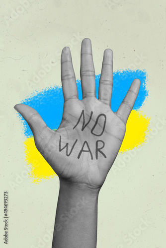 Male female raised up palm with NO WAR slogan on it world unity stand with Ukraine in russian federation genocide repression request separatist troops combat humanity photo