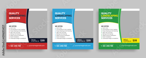 Creative social media post design template, social media kit landscaping lawn care, best lawn care Service square banner template, cleaning lawn mowing garden flyer