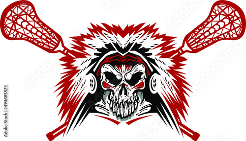 american indian skull mascot with crossed lacrosse sticks for school, college or league