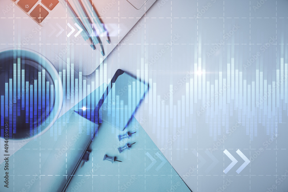 Double exposure of forex graph drawing over desktop background with computer. Concept of financial analysis. Top view. Double exposure of forex graph drawing over desktop background with computer. Concept of financial analysis. Top view.