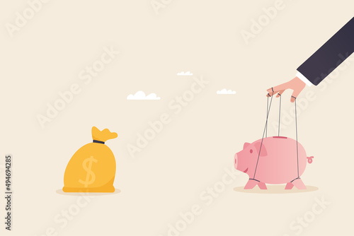 Financial control or Money control, Power to attract business opportunity and earn more profit or increase wealth. Piggy bank being controlled by puppeteer.