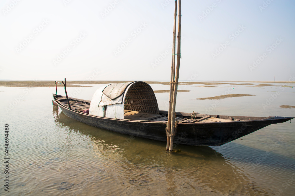 Wooden Fishing Boat in Padma River by Bangladesh Beautiful Landscape view