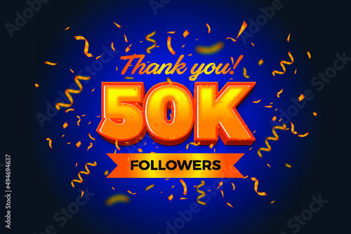 Thank you 50K follower, social media template design, 3d typography with confetti isolation background, Vector