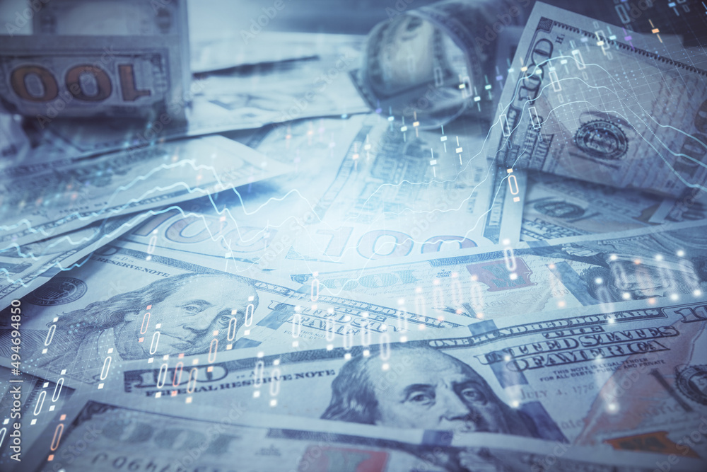 Fototapeta premium Multi exposure of forex chart drawing over us dollars bill background. Concept of financial success markets.