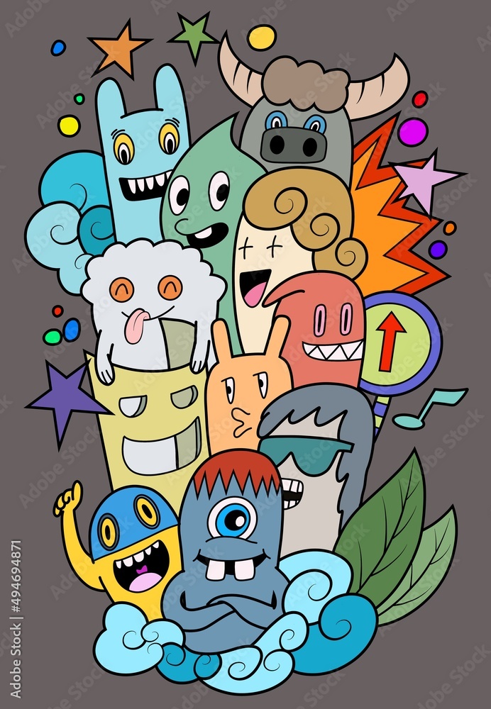 Hand-drawn illustrations, monsters doodle, Hand Drawn cartoon monster illustration,Cartoon crowd doodle hand-drawn Doodle style. Hand-drawn illustrations, monsters doodle, Hand Drawn cartoon monster illustration,Cartoon crowd doodle hand-drawn Doodle style.