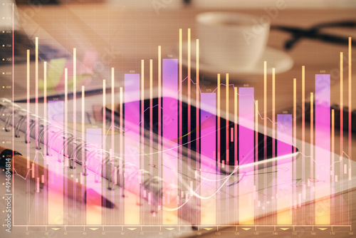 Double exposure of forex chart drawing and cell phone background. Concept of financial data analysis