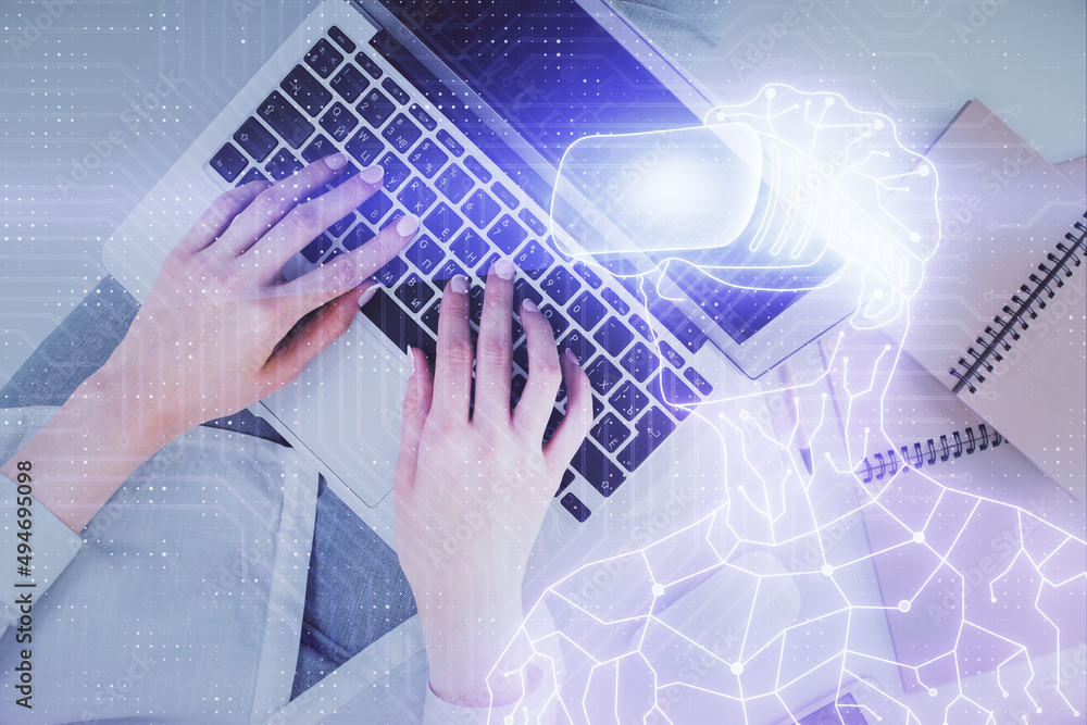 Double exposure of woman hands working on computer and man in ar glasses hologram drawing. Top View. Virtual reality concept. Double exposure of woman hands working on computer and man in ar glasses hologram drawing. Top View. Virtual reality concept.