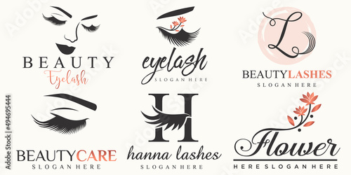 women beauty and eyelashes icon set logo design