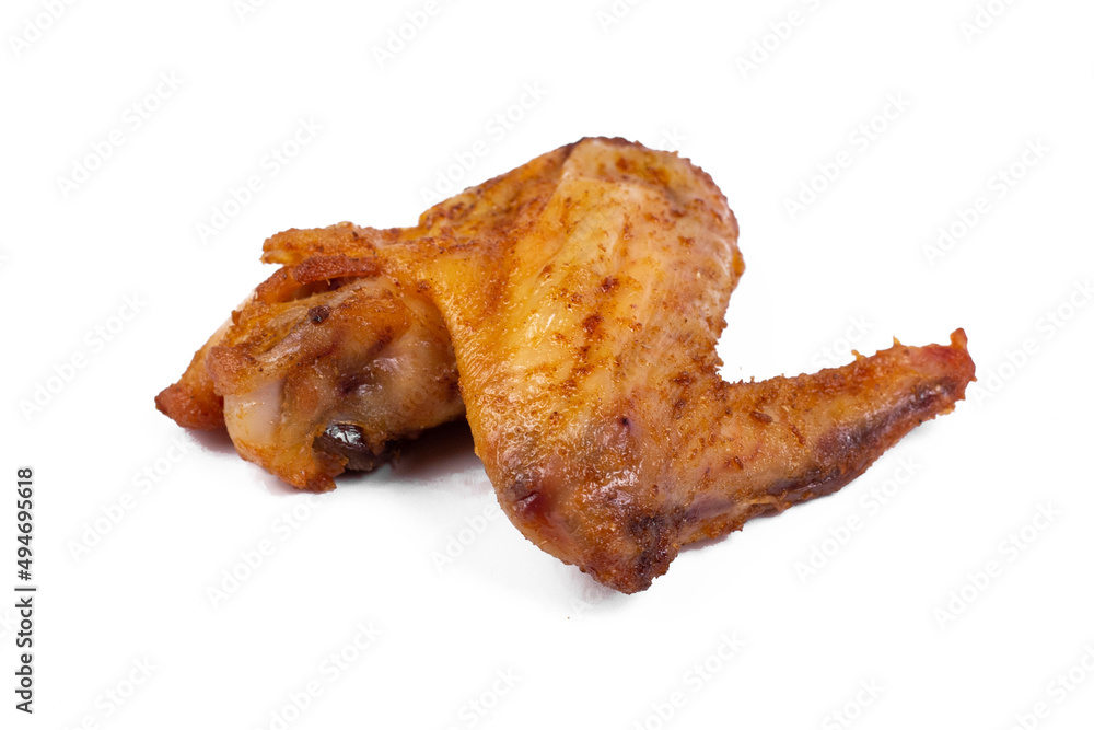 Fresh roasted chicken wing quarters on white isolated background Fresh roasted chicken wing quarters on white isolated background