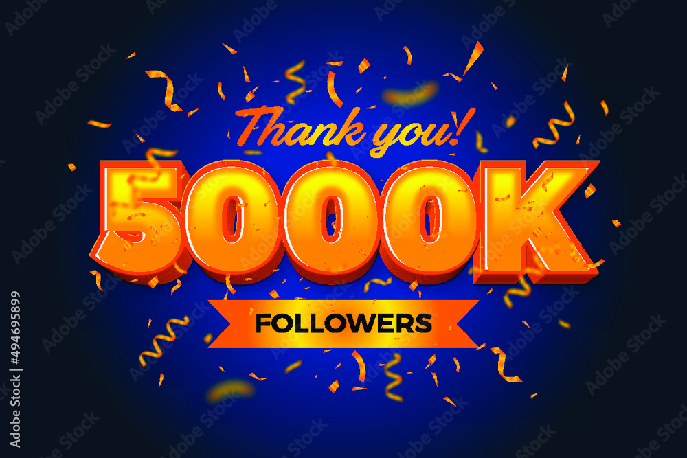 Thank you 5000K follower, social media template design, 3d typography with confetti isolation background, Vector